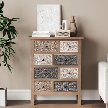 Vintage Accent Cabinet with 8 Hand-Carved Drawers, Boho Rustic Wood Storage Chest, Fully Assembled Distressed