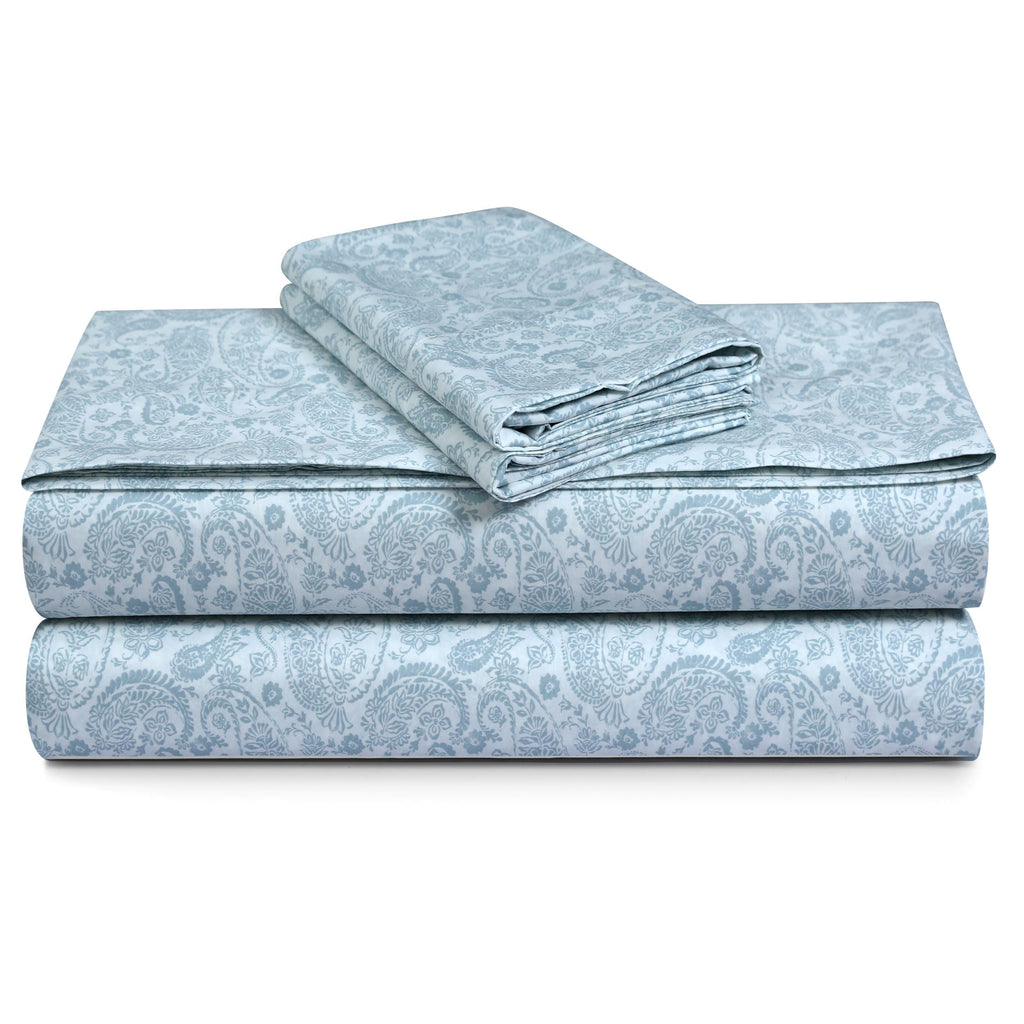Cotton Percale Twin Bed Sheet Set, Danielle Paisley Blue