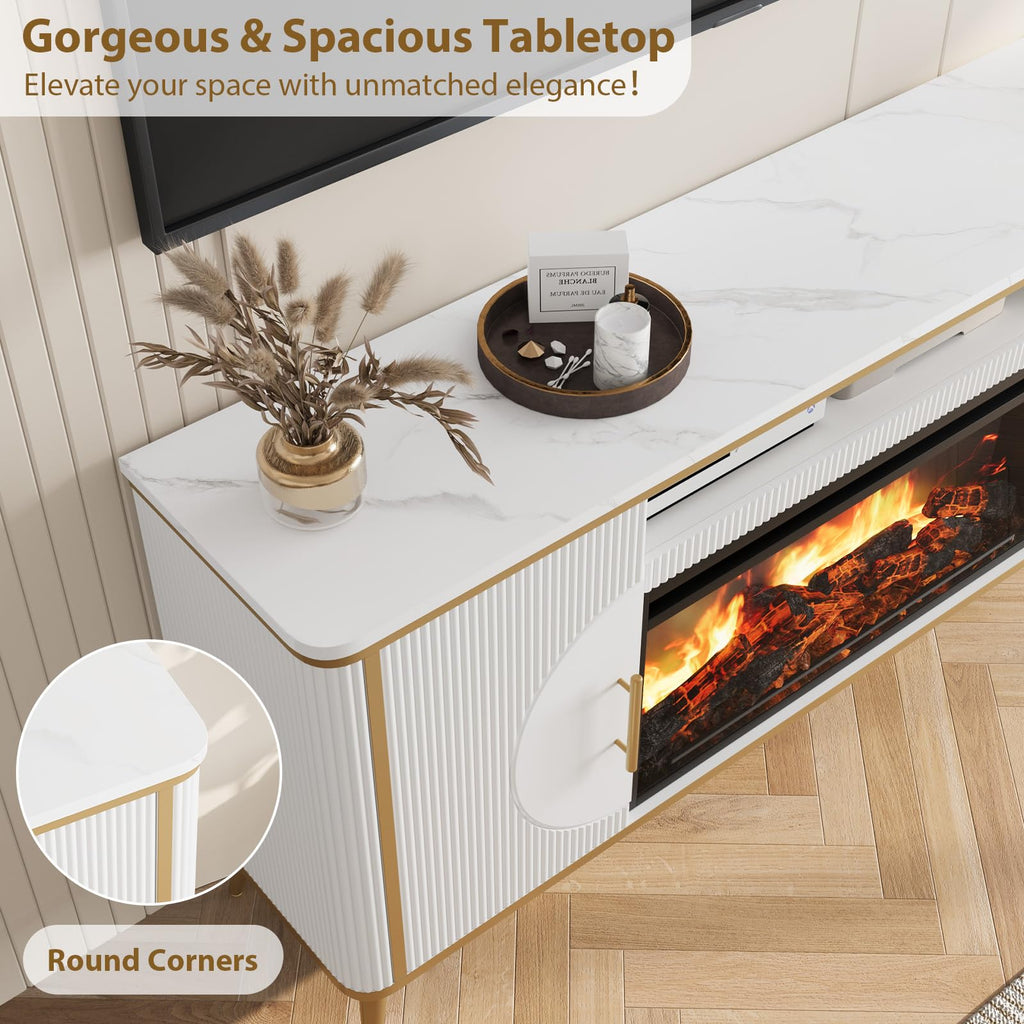 Fluted Fireplace TV Stand Up to 80" TVs, Modern Entertainment Center with 30" Electric Fireplace, Luxury Media