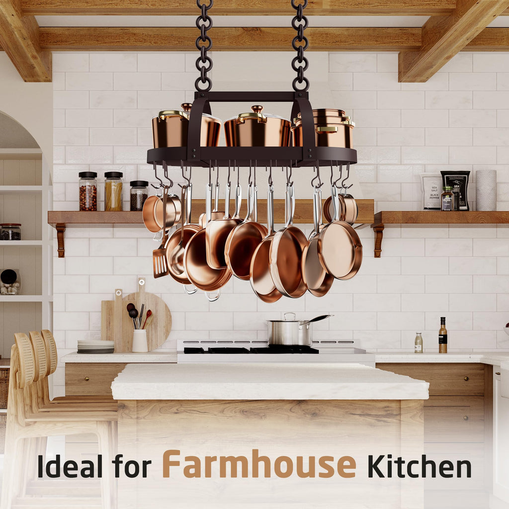 34 Inch Oiled Bronze Hanging Pot Rack, Heavy Duty Oval Pot and Pan Hanging Rack Ceiling Mount, Pot Pan Hangers