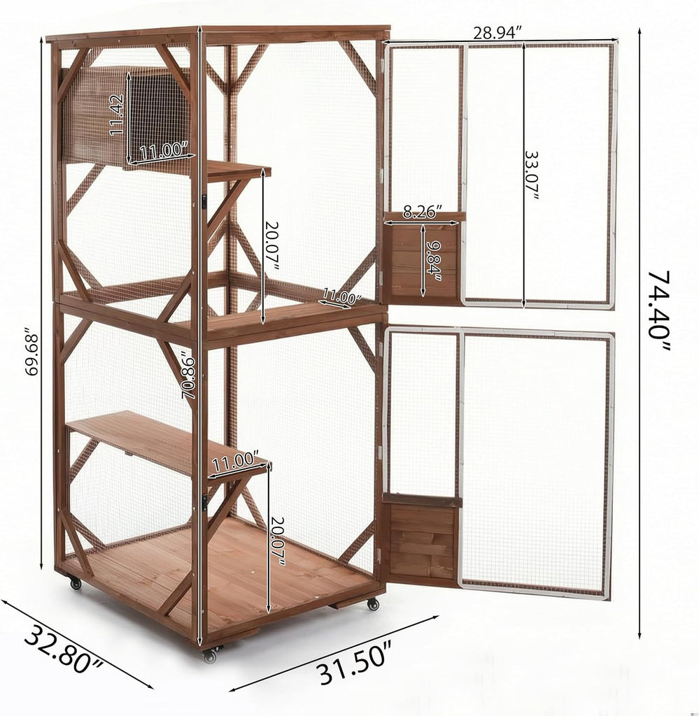 Cathy Large Outdoor Cat Enclosure on Wheels, Weatherproof Cat Playpen with Predator-Proof Wire Mesh, Walk-in Cat