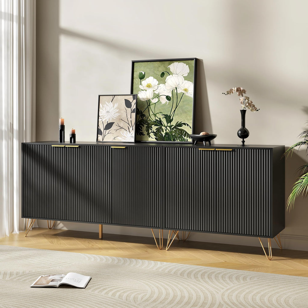 75 inch TV Stand with 5 Fluted Doors and Adjustable Shelves, Black丨Modern Entertainment Center Cabinet, Wood Media