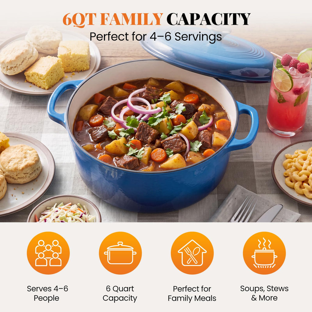 6 Qt Enameled Cast Iron Dutch Oven Pot with Lid, Blue
