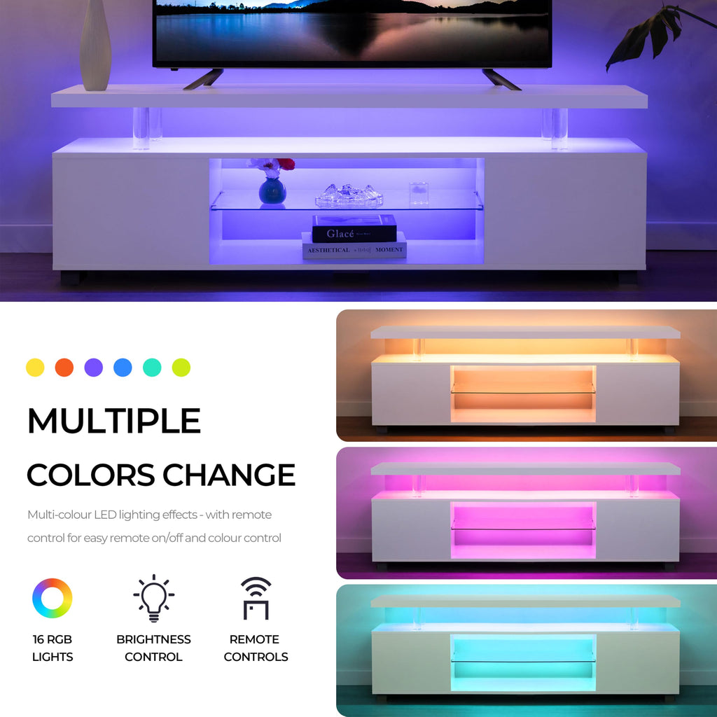 White TV Stand for 60" TV, LED Entertainment Center with Storage