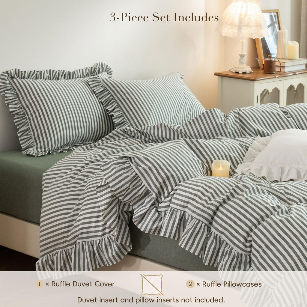 Striped Ruffle Duvet Cover Set Washed Cotton Linen Feel 3‐Pcs