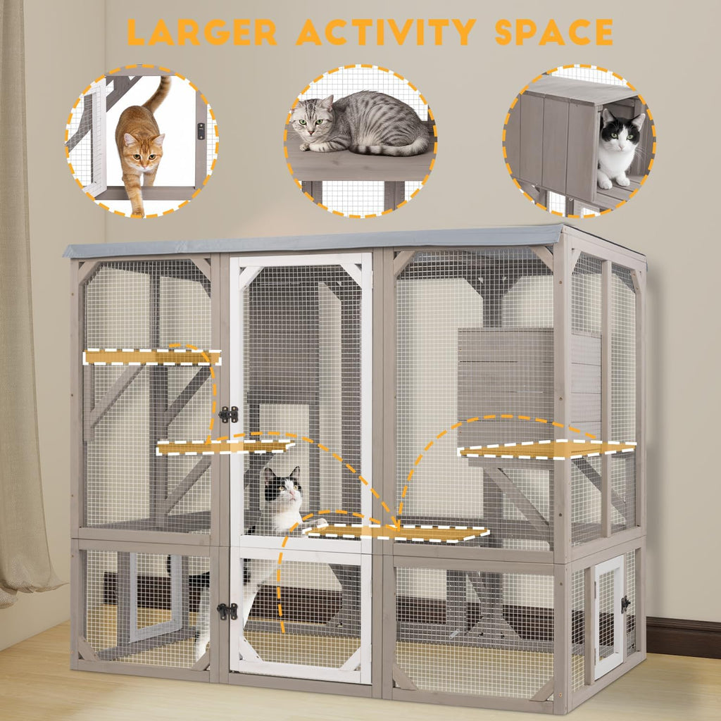 Catio Outdoor Cat Enclosure, Wooden Cat House with 4 Platforms