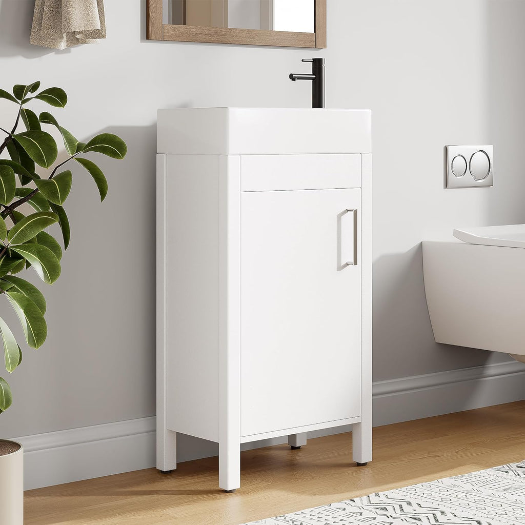 16" Bathroom Vanity with Sink, Freestanding Wooden Bathroom Vanity Cabinet with Soft-Closing Door and Metal Handle, Modern Floor Standing Storage for Small Spaces，White