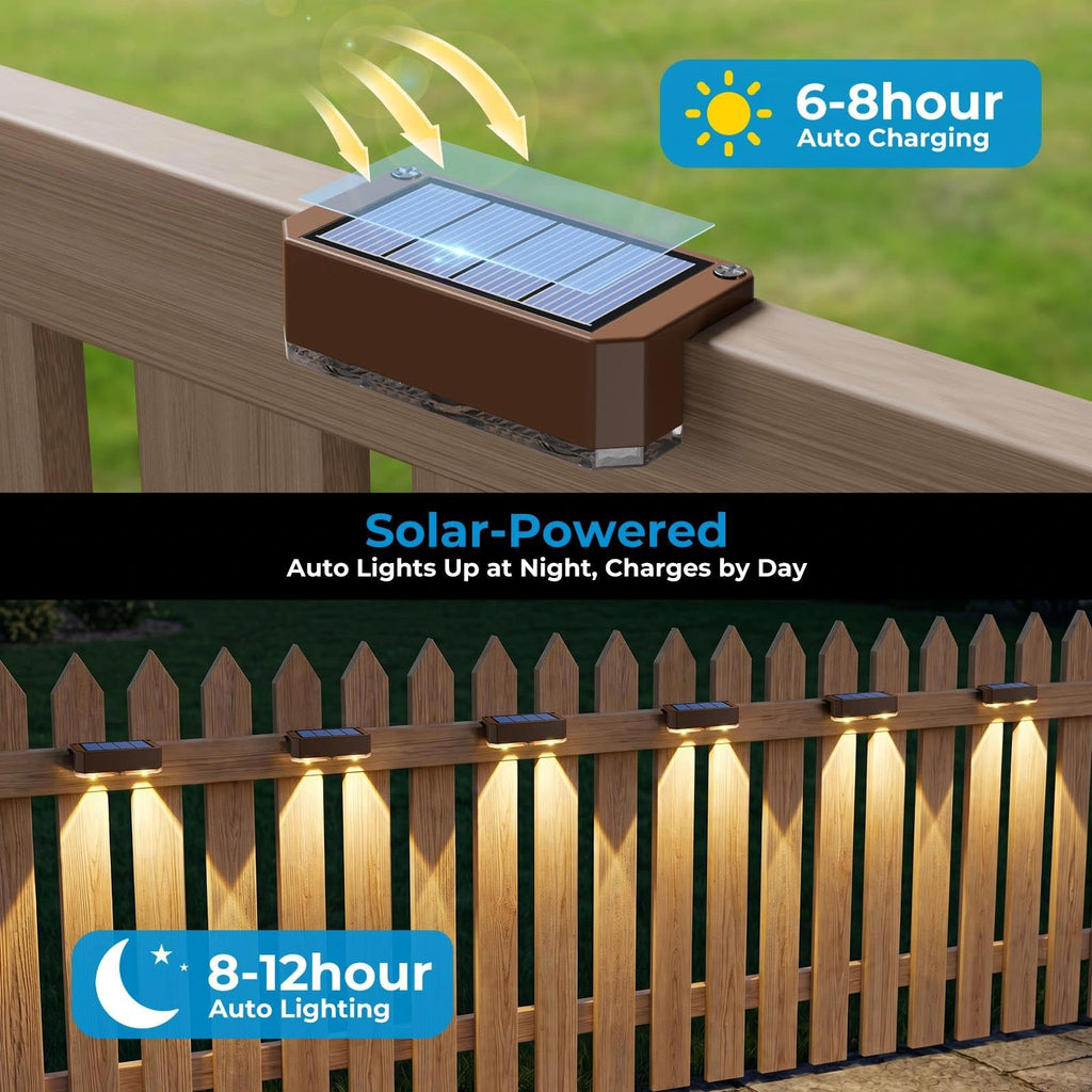 12 Pack Solar Fence Lights Outdoor, Deck Light Solar Powered, IP65 Waterproof Led Riling Solar Lights Brown Frame for