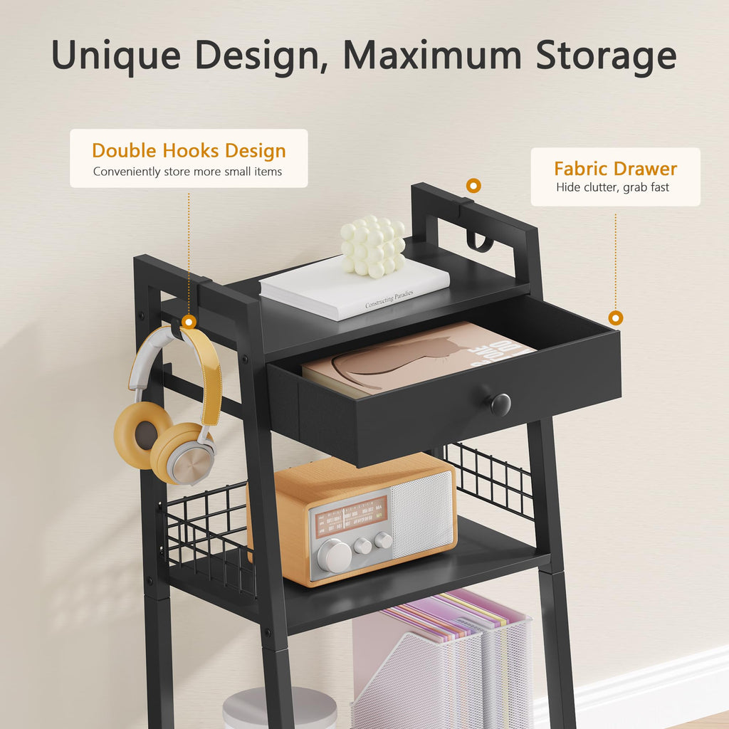 Bathroom Ladder Shelf with Drawer, 3-Tier Bathroom Storage, Black