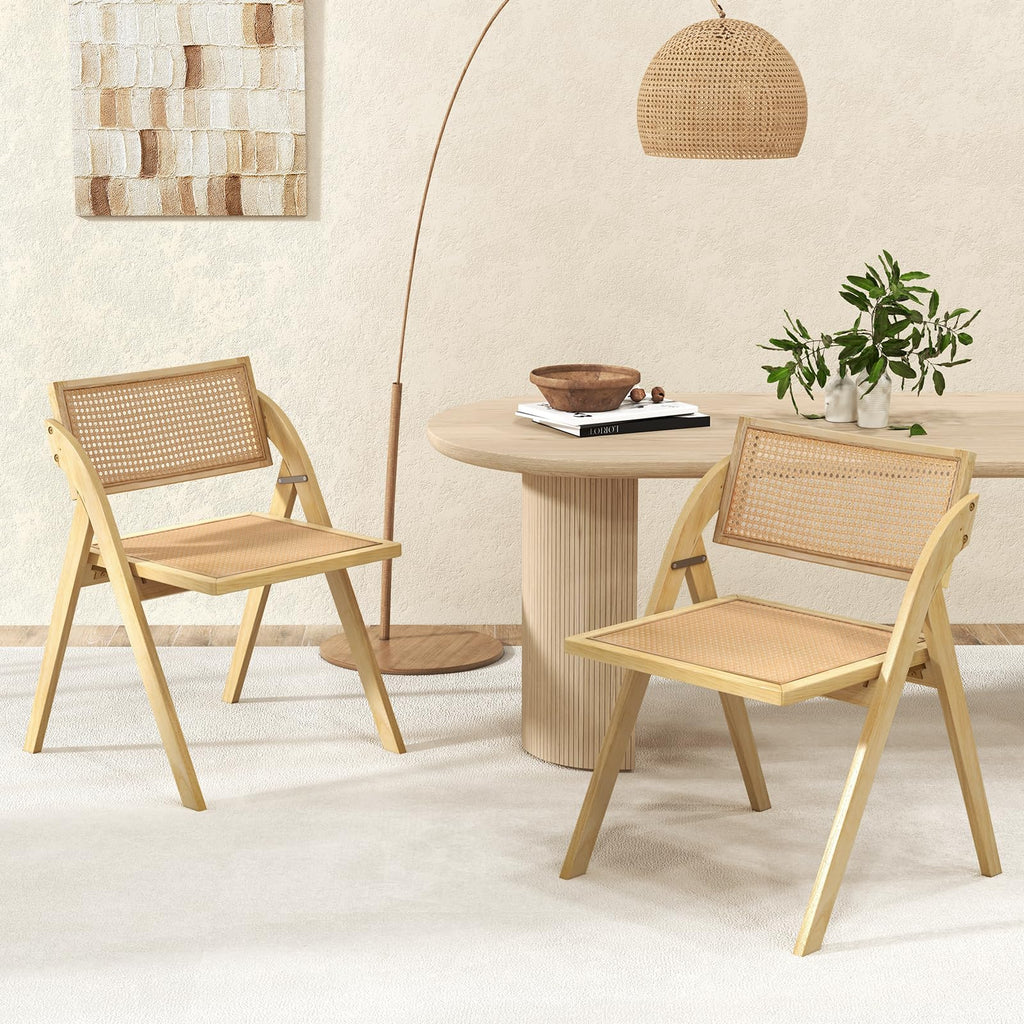 Folding Dining Chairs Set of 4, Wooden Folding Chair with Rattan Backrest & Seat, Sturdy Rubber Wood Frame, Armless