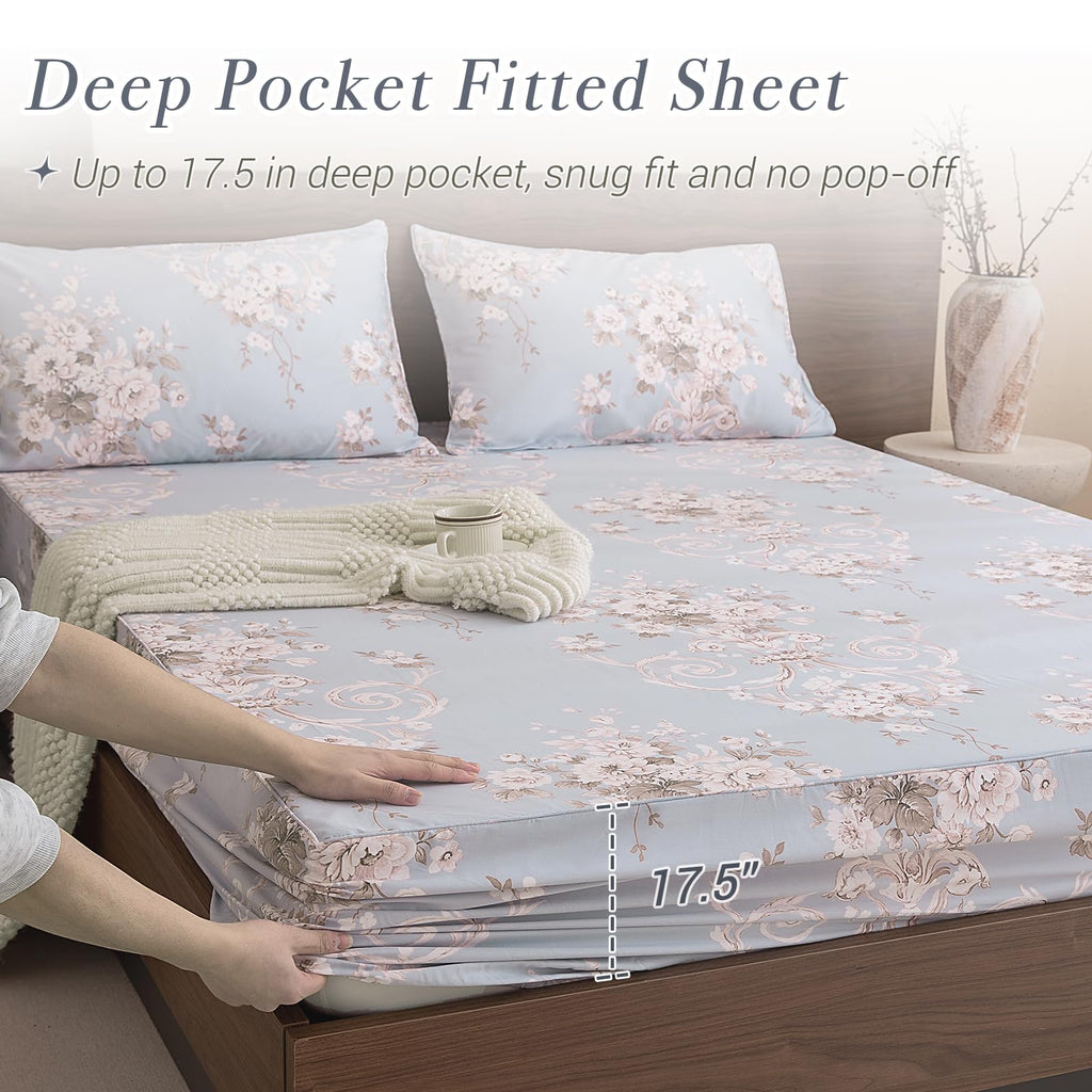 Shabby Floral Print King Size Bed Sheets Set Luxury Bedding Collections 100% Egyptian Cotton Deep Pocket Bedsheets