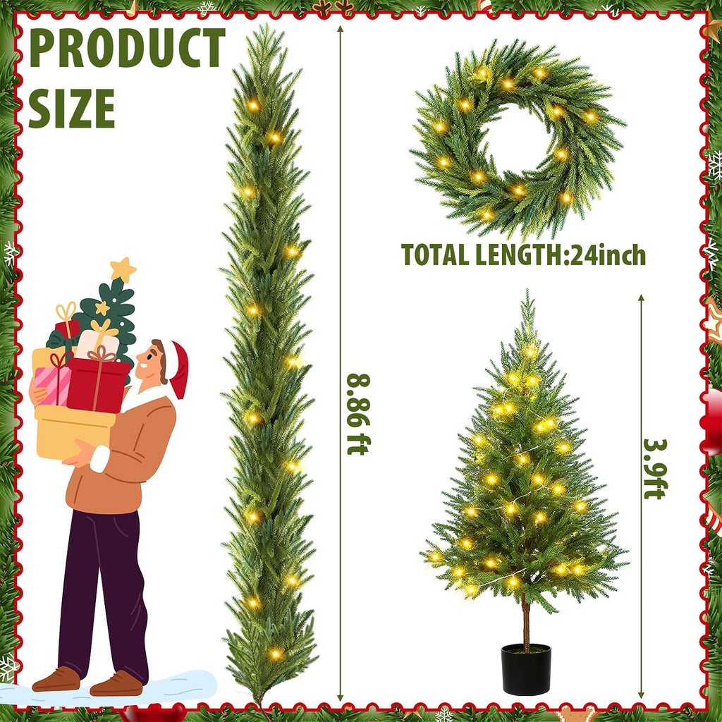 4 Piece Pre-lit Christmas Tree Set with LED Lights Christmas Garlands Wreath and Set of 2 Entrance Artificial Xmas