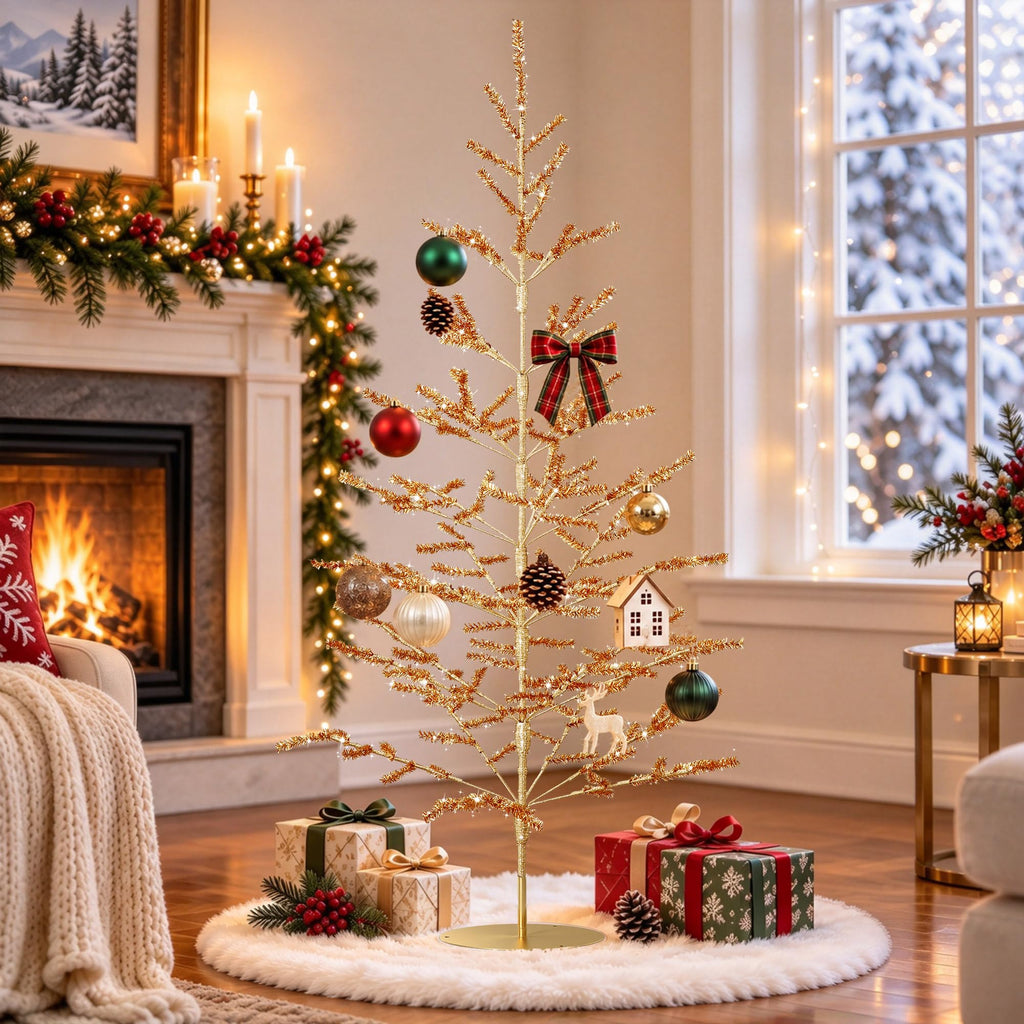 4ft Champagne Christmas Tree, Retro Aluminum Christmas Tree, Tinsel Trees