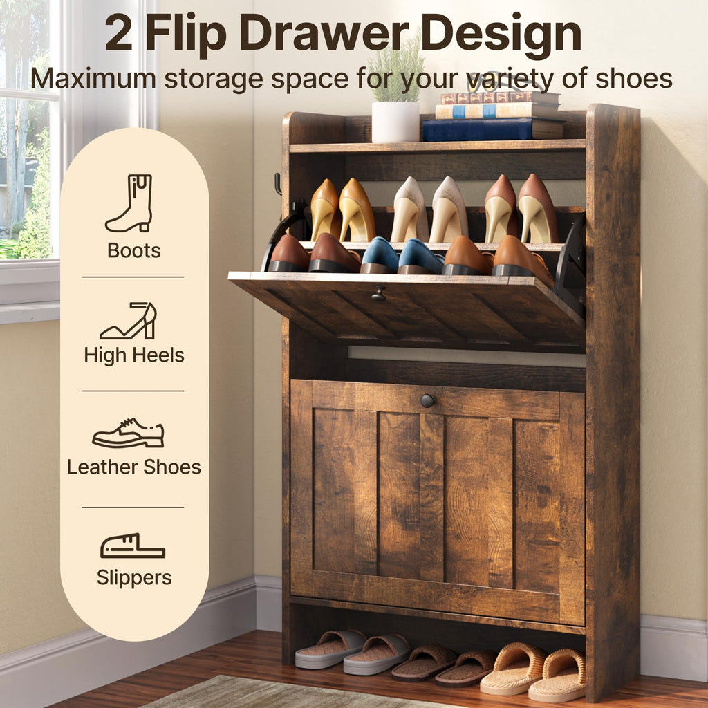 Narrow Shoe Storage Cabinet with 2 Flip Drawers, Retro