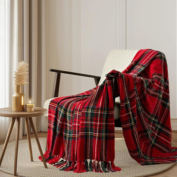 Chenille Christmas Throw Blanket, 50"x60", Red Stewart Plaid