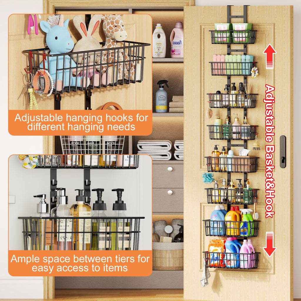 8 Tier Over The Door Organizer, Adjustable Hanging Door Organizer with 8 Wire Baskets 6 Hooks, Behind The Door