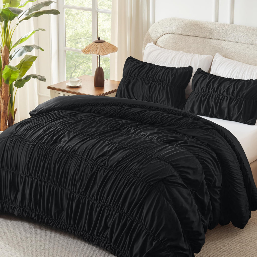 Ruched Black Comforter Set, Boho Ruffle 3 Pieces