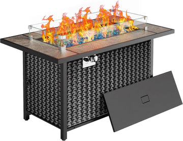 43′′ Fire Pit Table, Outdoor Propane Fire Pit Table with Premium Ceramic Tabletop, Glass Wind Guard, Lid, Glass Rock