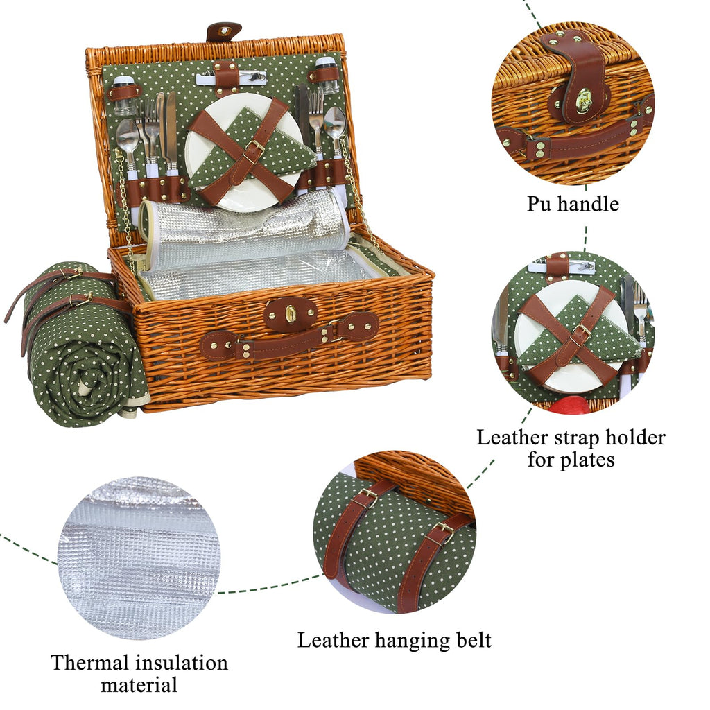 Picnic Basket for 4 Persons with Blanket, Green & White Spots