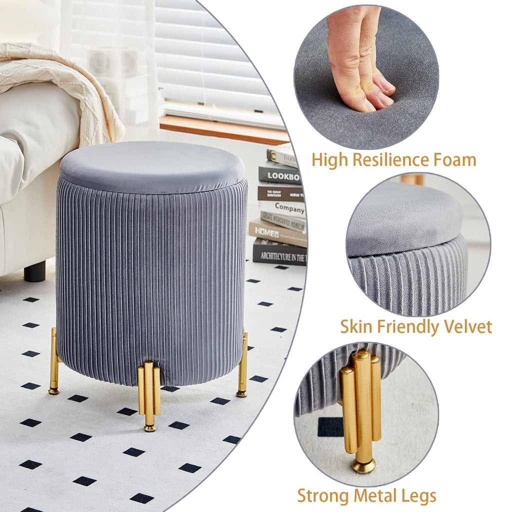 Storage Ottoman with Metal Legs, Velvet Upholstered Seat