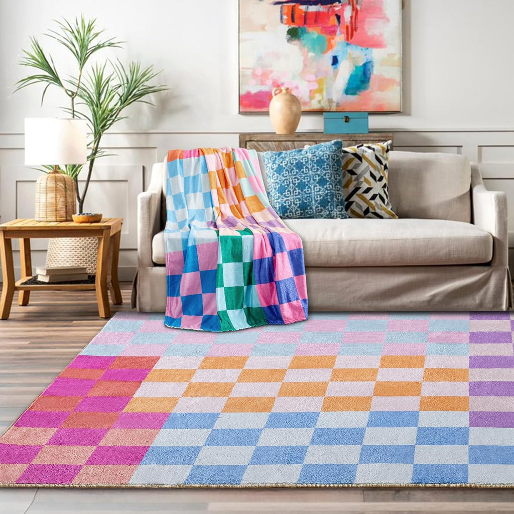 Multicolored Checkerboard Washable Rug Ultra Thin Retro Aesthetic Funky Area Rugs Carpet for Living Dining Room