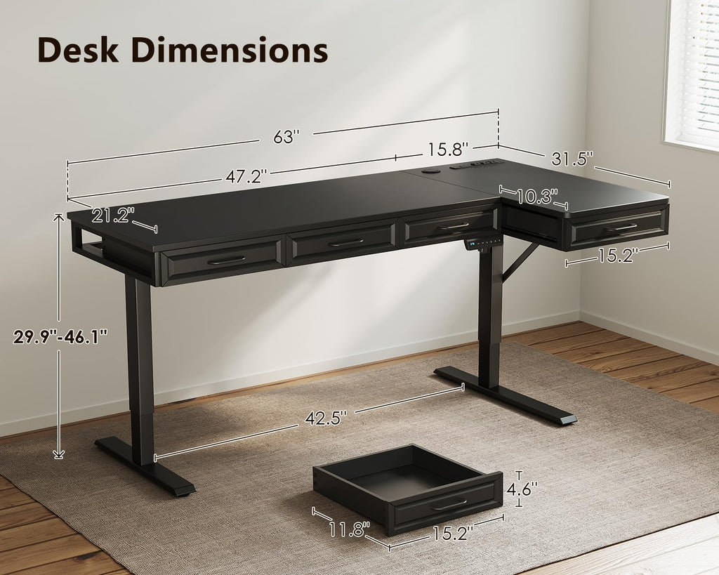 63 Inch L Shaped Standing Desk with 4 Wooden Drawers, Black
