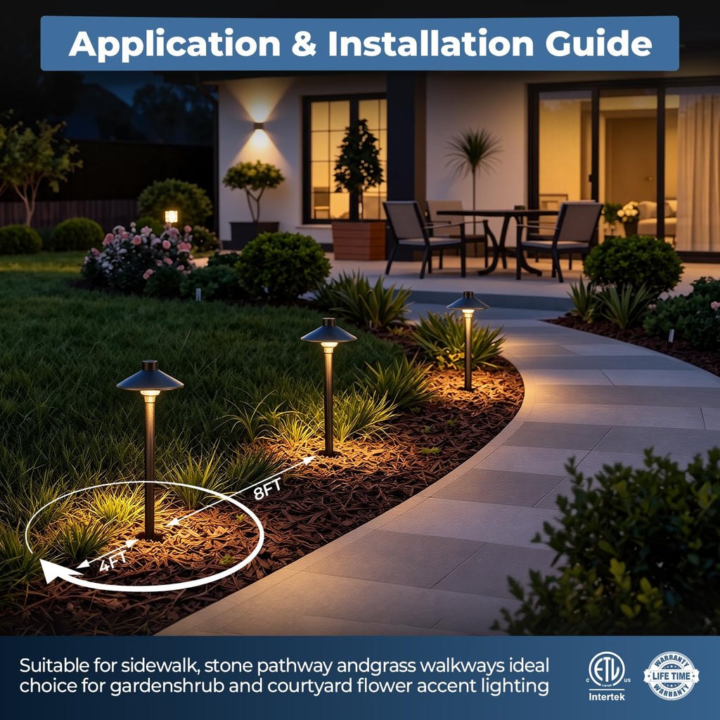 Solid Brass Low Voltage Landscape Pathway Lights (6.7'' Shade, 21.9'' Tall), 12V Commercial Grade LED Path Lights