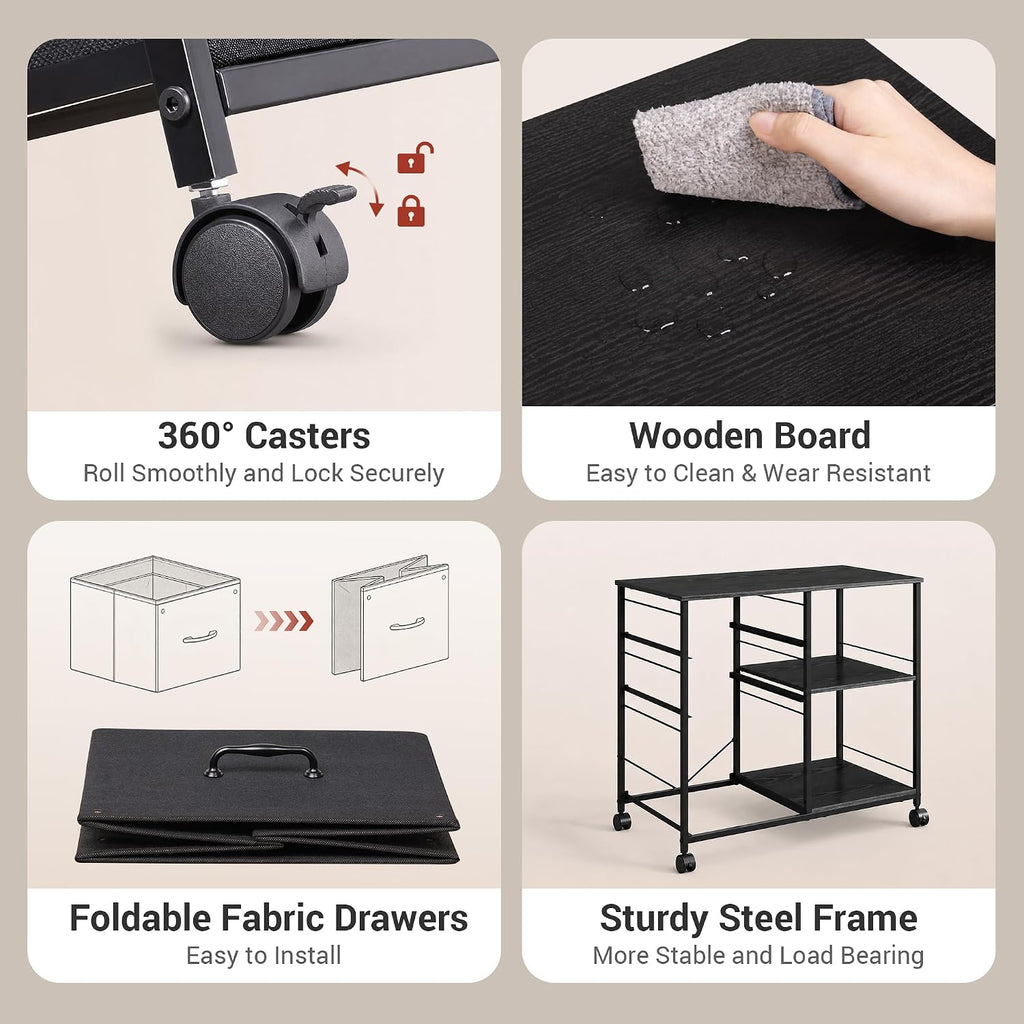 3 Drawer Mobile File Cabinet with Open Storage Shelf | Rolling Printer Stand, Fabric Lateral Filing Cabinet fits A4