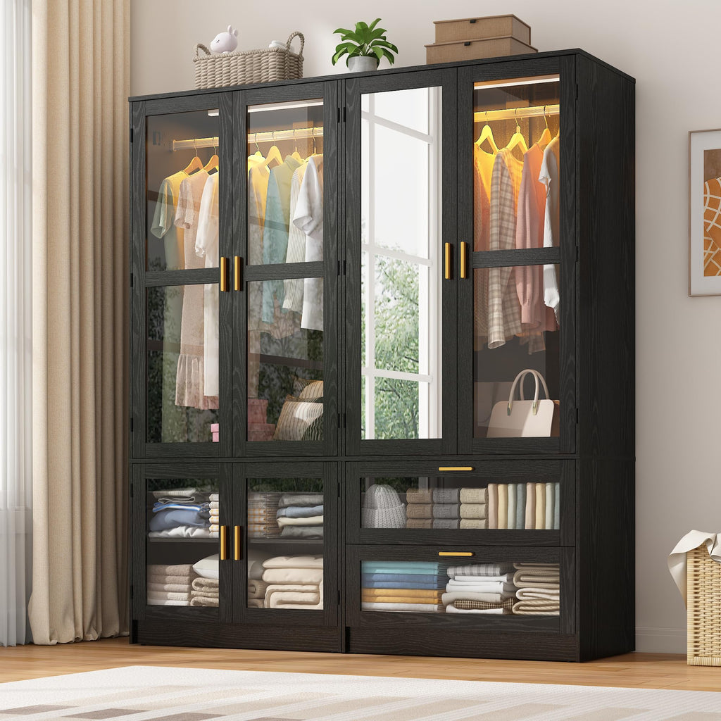 4 Doors Armoire Wardrobe Closet with LED and Mirror, 71" H Freestanding Wooden Wardrobe Closet Cabinet w 2