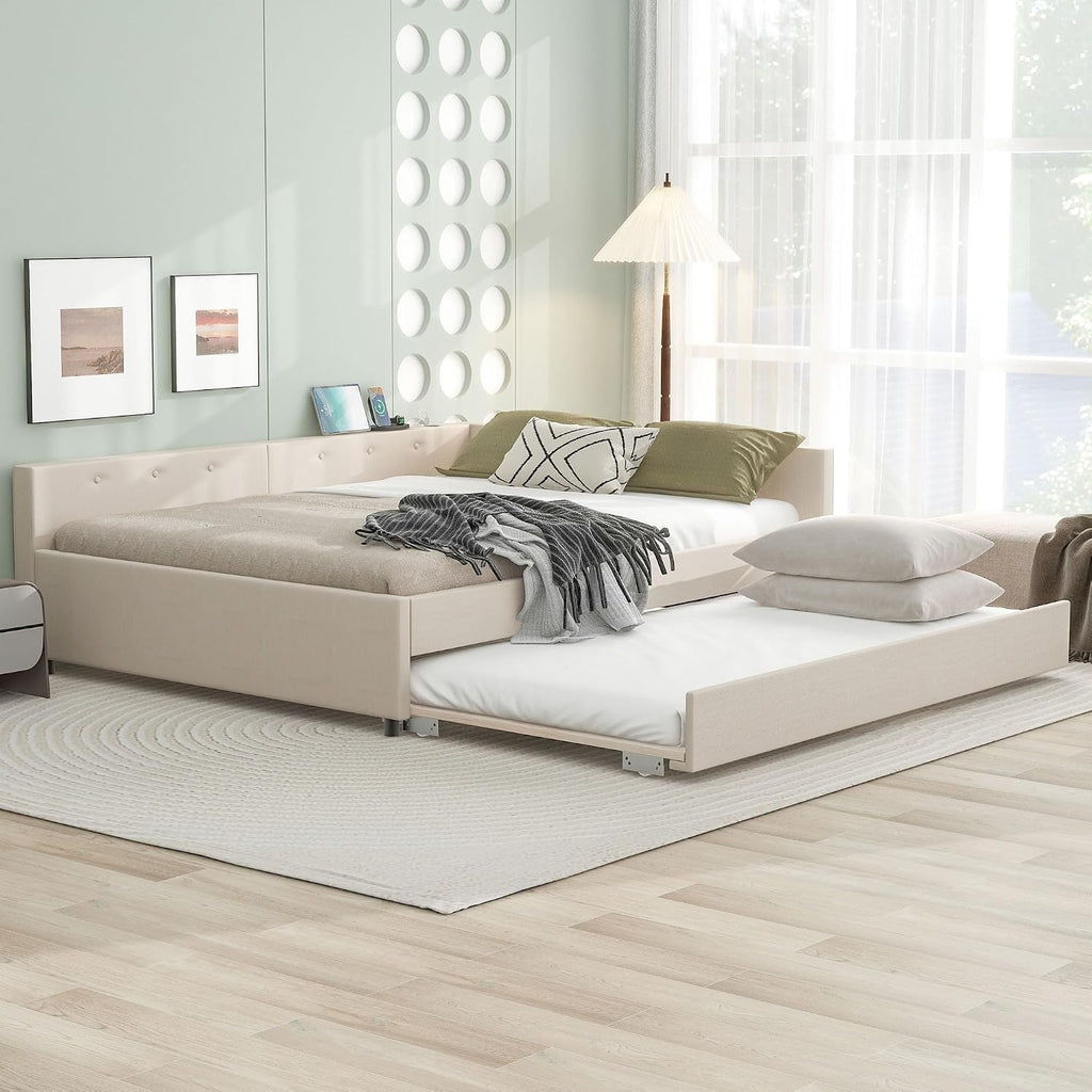 Queen Size Daybed with Storage and USB, Modern Cloud Bed Frame with Twin Size Trundle, Linen Upholstered Platform