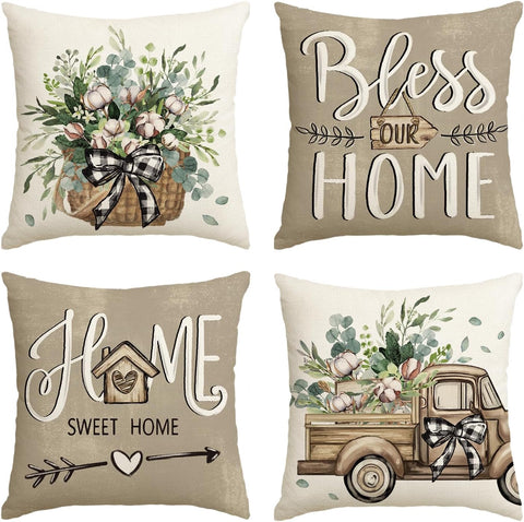 Bless Our Home Farmhouse Eucalyptus Leaves Throw Pillow Covers, 18 x 18 Inch Truck Home Sweet Home Cushion Case