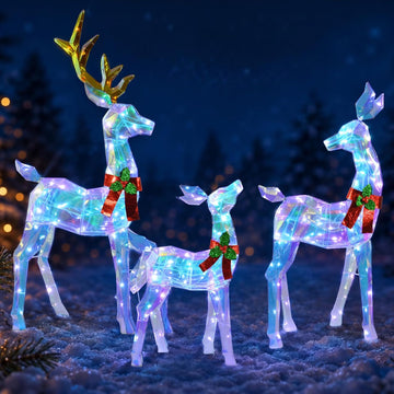48" 3-Piece 2.5D Colorful Lighted Christmas Deer Family Outdoor Decorations, Clear-Look Reindeer Set with 145 Lights