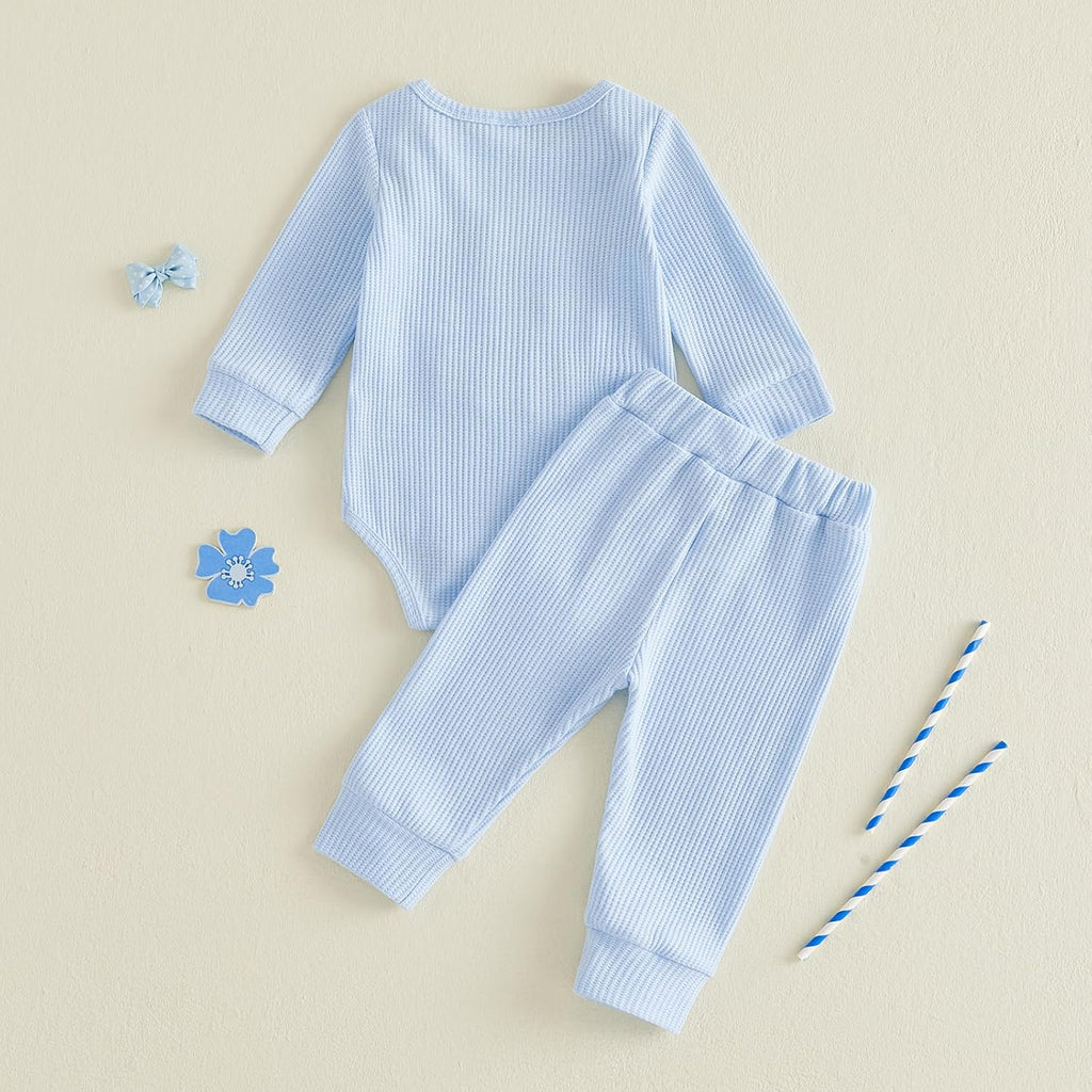 Waffle Knit Baby Boy Clothes Letters Embroidered Romper Pants Set