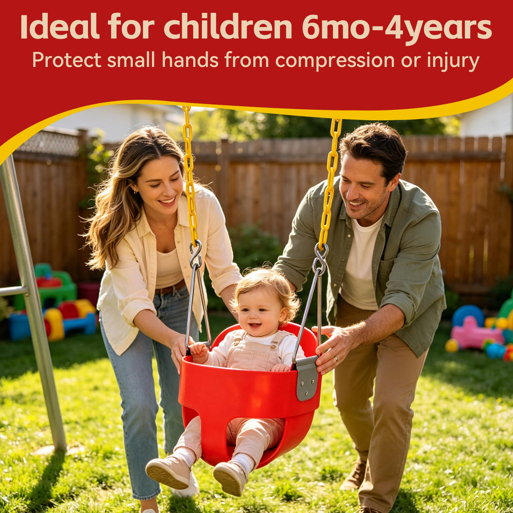 High Back Full Bucket Toddler Swing Seat with Finger Grip, Plastic Coated Chains and Carabiners for Easy Install