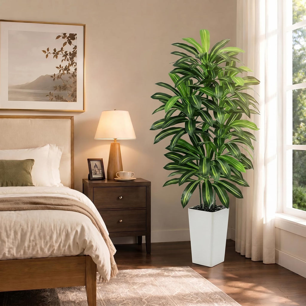 Artificial Dracaena Tree 5FT / White Planter, Tall Plants Indoor