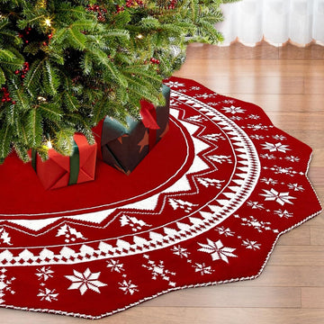 Christmas Tree Skirt 60 Inches, Double-Sided Knit Red Snowflake Xmas Decor