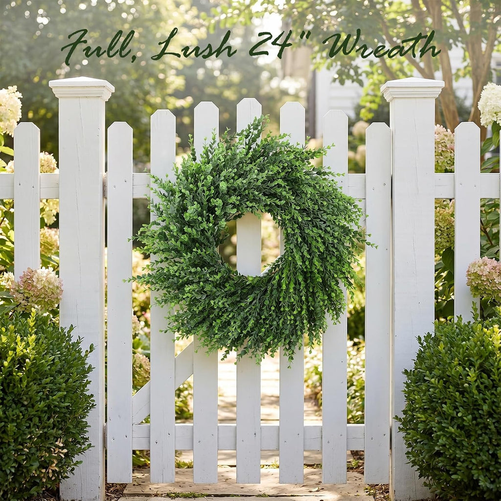 Boxwood Wreath Christmas DIY, Spring Wreaths for Front Door, Realistic Green Wreath for All Seasons Outside Farmhouse
