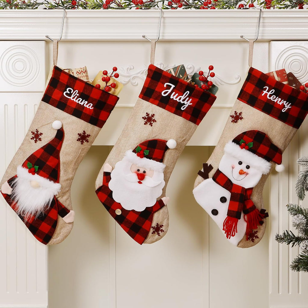 18.5'' Embroidery Christmas Stockings with Names, Burlap Plaid Stockings Xmas Decor Gifts for Family Kids Holiday