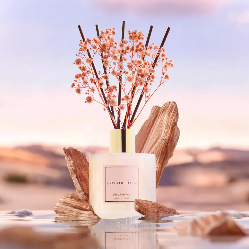 Premium Reed Diffuser Set with Preserved Baby's Breath & Cotton Stick Sandalwood Rose | 6.7oz Scent Fragrance Oil