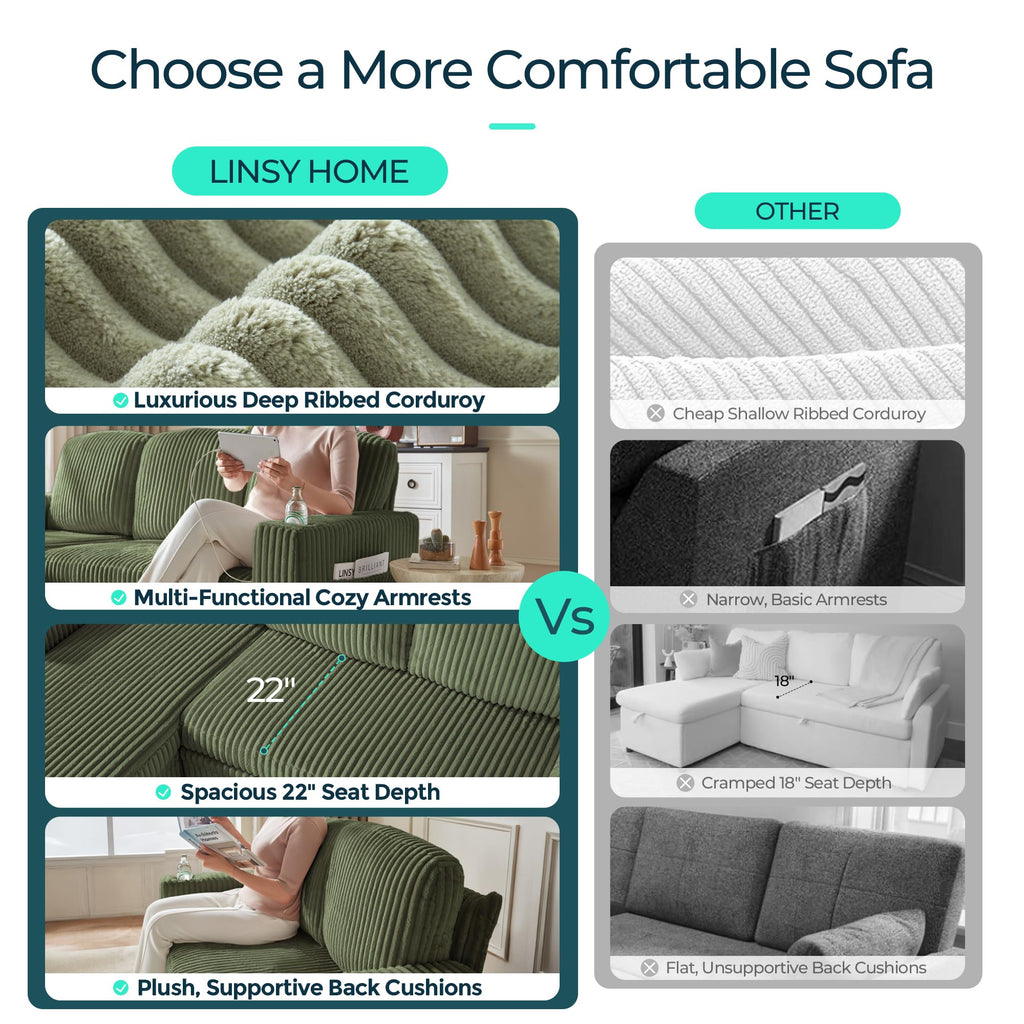 Pull Out Sofa Bed Sectional Sleeper Sofa with Storage, Plush Corduroy Pullout Modular Sectional Couches, L Shaped