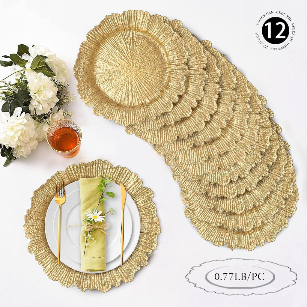 Gold Charger Plates, Reef Plate Chargers for Dinner Plate, Round Plastic Table Chargers for Thanksgiving - Set of 12