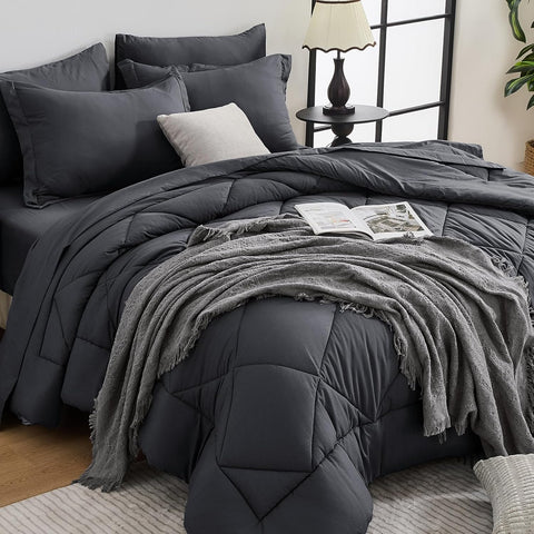 7 Pieces Queen Comforter Set, All Season Reversible Bed in a Bag, Ultra Soft Queen Bedding Set with Grey Comforter