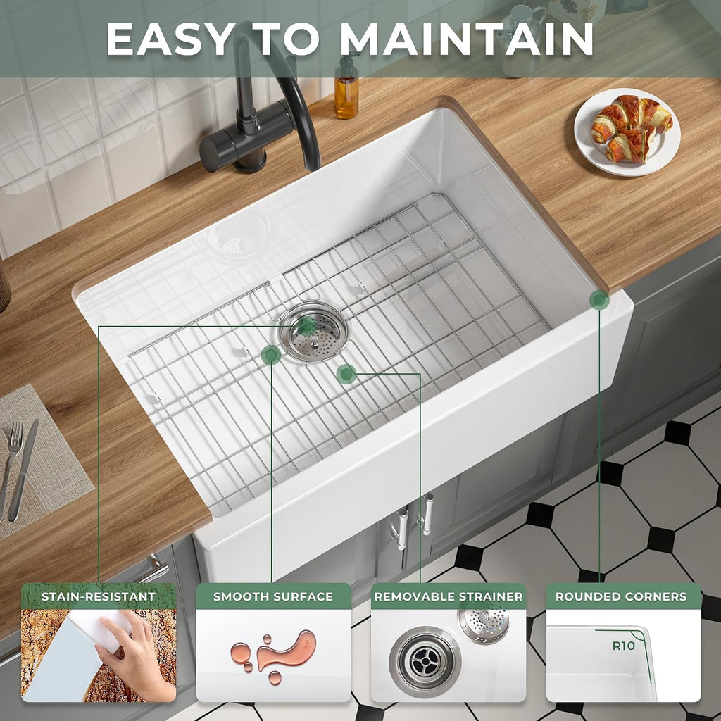 Self Trimming Farmhouse Sink 30 Inch, White Fireclay Kitchen Sink | Tall Apron Front 30"Wx20"Dx10"H , Heavy Duty,Farm