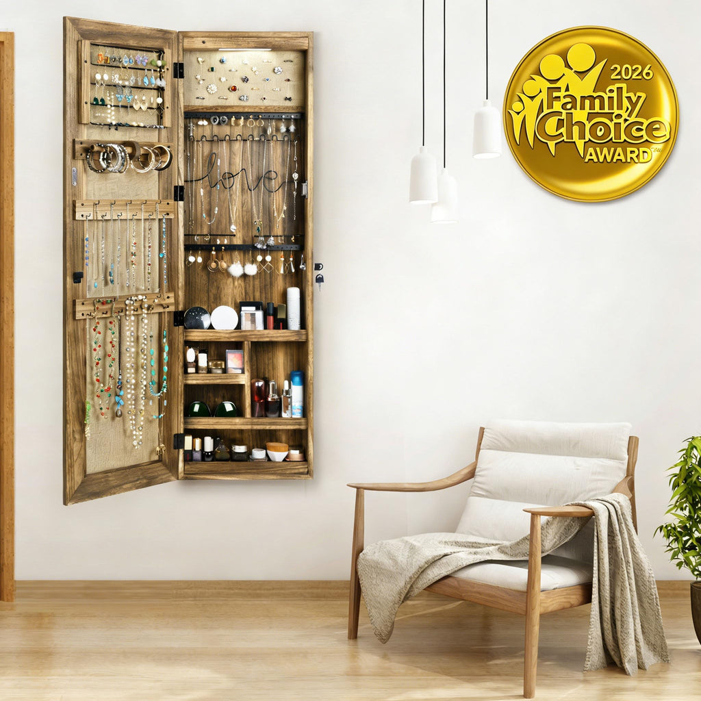 Jewelry Cabinet with Mirror, Lockable Door, Carbonized Black