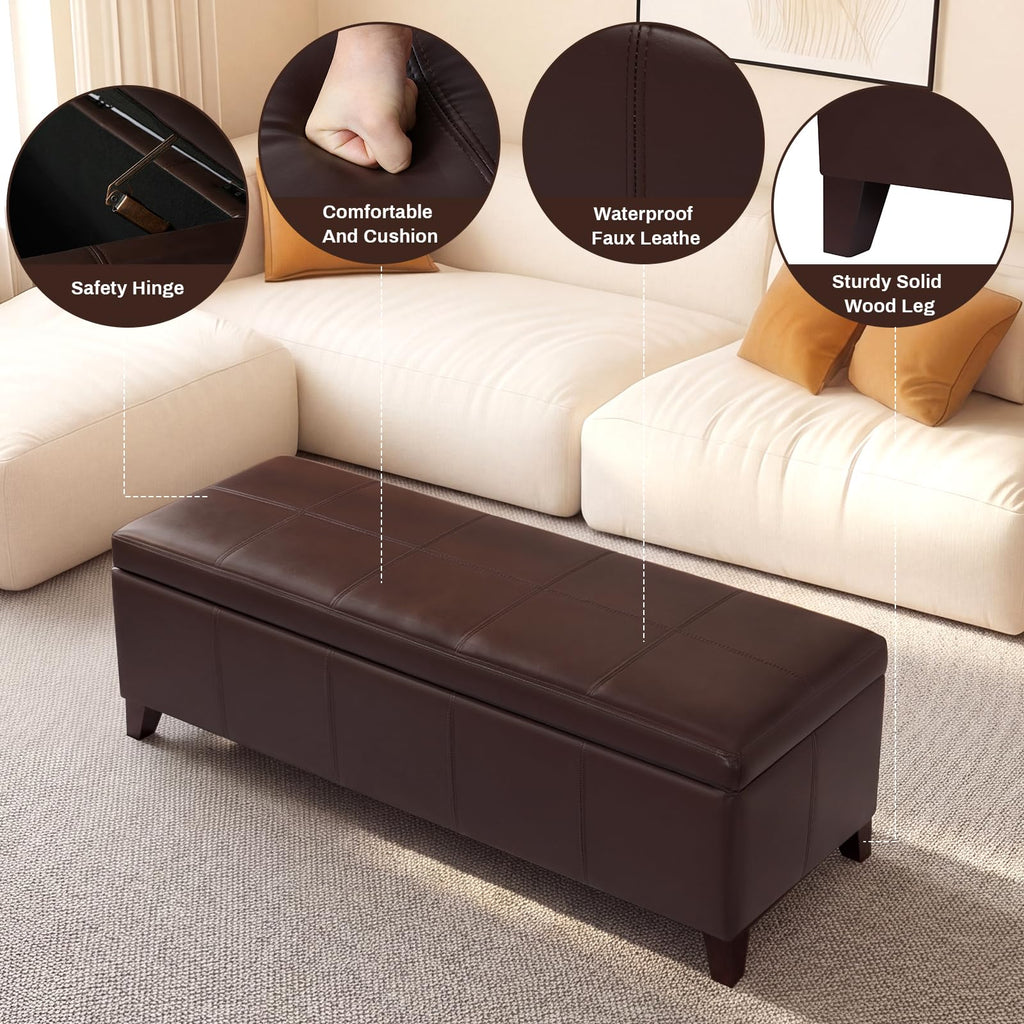 Brown Ottoman with Storage 51" Faux Leather Storage Ottoman
