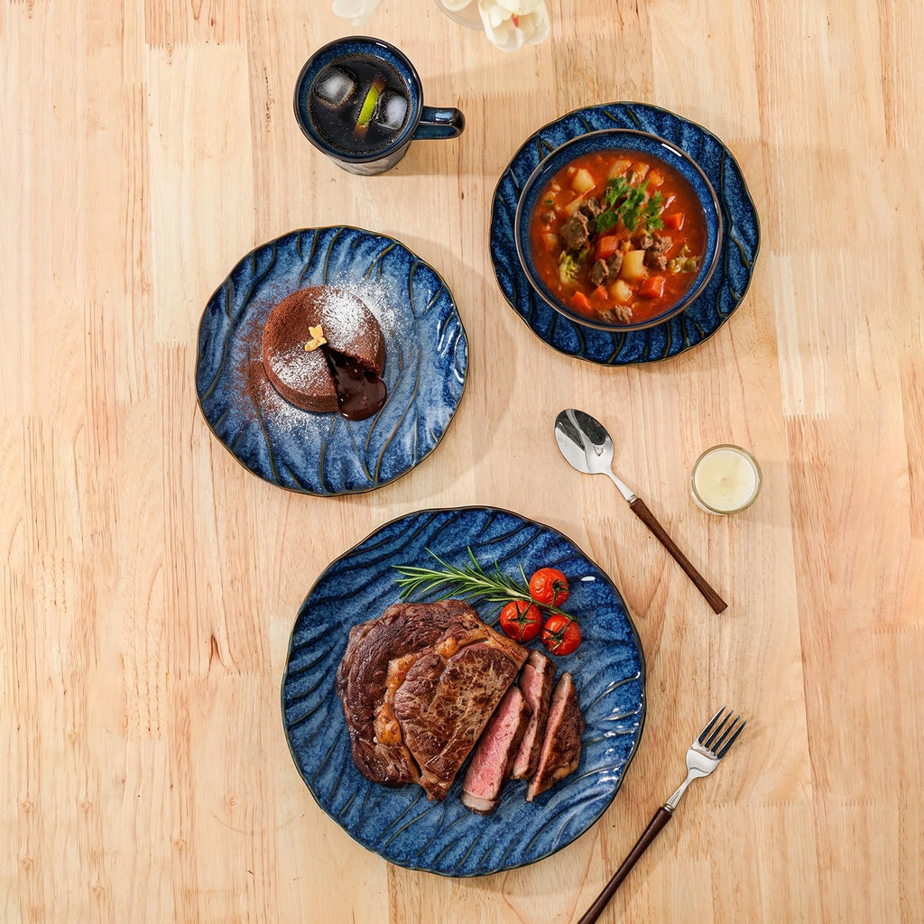 Ceramic Dinnerware Sets for 4, 16 pcs Plates and Bowls Sets, Reactive Glaze Ceramic Dish Set, Scratch Resistant