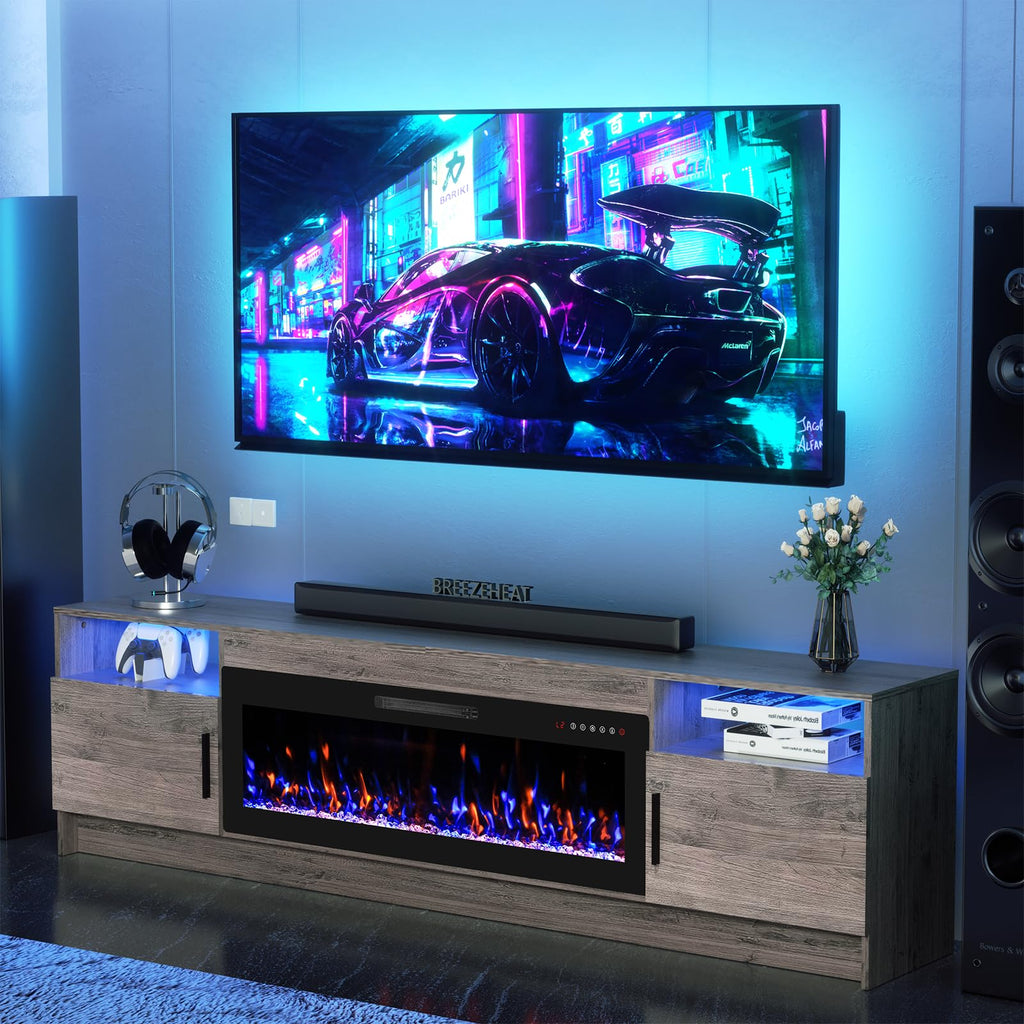 Electric Fireplace TV Stand with 42 inch Fireplace Up to 90" TVs-Led Entertainment Center, High Glossy Doors-80 inch