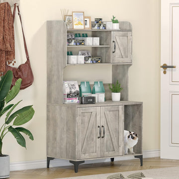 Cat Litter Box Enclosure, Large Hidden Cat Litter Box Furniture with Storage Shelves and Doors, Wooden Cat Washroom