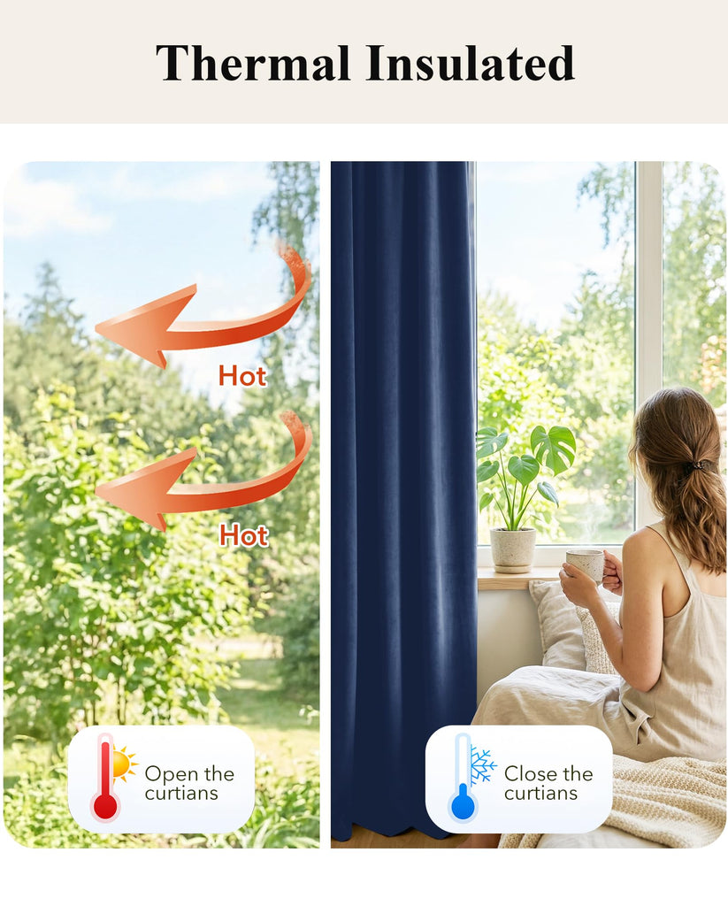 Navy Blue Velvet Blackout Curtains, W52xL120, 2 Pcs