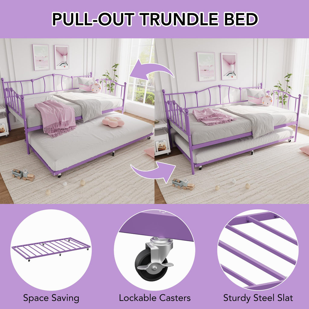 Twin Daybed with Trundle, Metal Sofa Bed Frame with Steel Slat Support, Twin Size Space-Saving Furniture, Love Heart